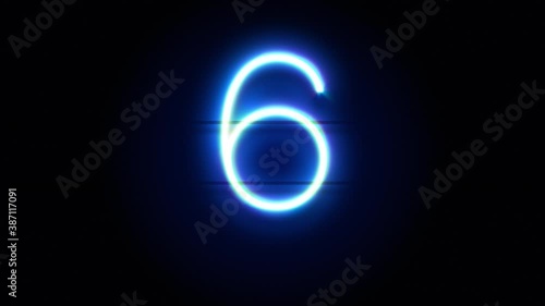 Neon number 6 appear in center and disappear after some time. Animated blue neon alphabet symbol on black background. Looped animation.