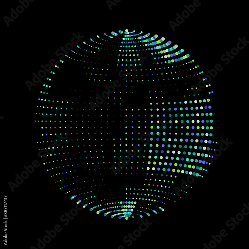 Soap bubble made from glowing panels. Luminous sphere. Logo icon for your project. Disco ball broken plane sea from dots