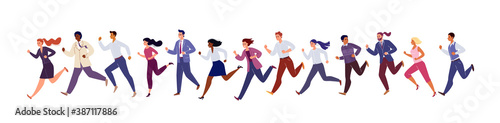 Group Runners Isolated on White Background. Lifestyle of Business Busy People, Businessmen. Rivalry Between Man and Woman. Vector Stripe Cartoon Illustration.