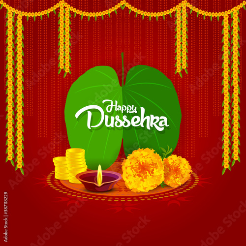 Happy Dussehra. Happy Dussehra Illustration having floral decoration, leaves, diya. Well decorated on plain background.
