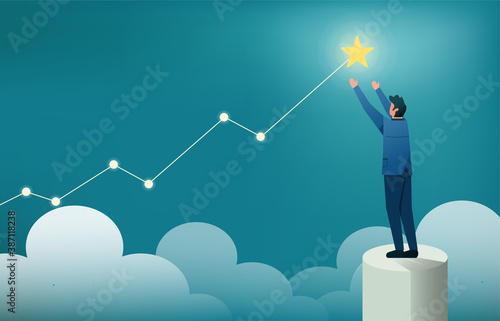 Businessman standing to reach our for the stars vector illustration. Business and career goal symbol with cloud background