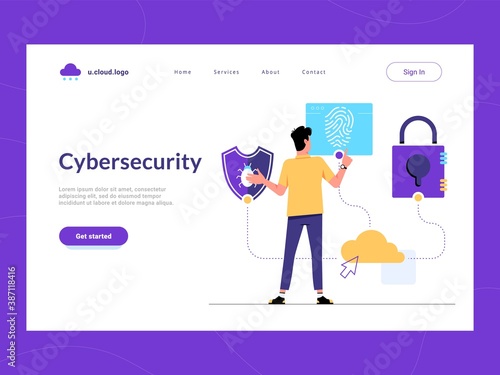 Cybersecurity landing page first screen. Man looking for malware protection, user verification and information security solution for business. Risk reduce and cyber attacks defense of data