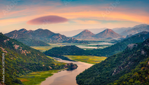 Gorgeous view of Canyon of Rijeka Crnojevica river, Skadar lake location. Majestic summer sunrise of Montenegro countryside. Beautiful world of Mediterranean countries. © Andrew Mayovskyy