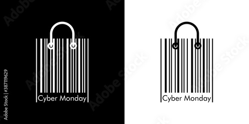 Ofertas del Cyber Monday. Logotipo lineal con texto Cyber Monday en código de barras como bolsa de la compra en fondo negro y fondo blanco