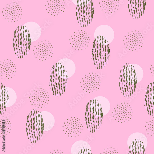 Circles, dots, waves. Abstract seamless pattern on a pink background