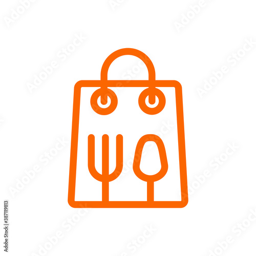 Símbolo de restaurante en línea. Logotipo lineal con bolsa de la compra con tenedor y cuchara en color naranja