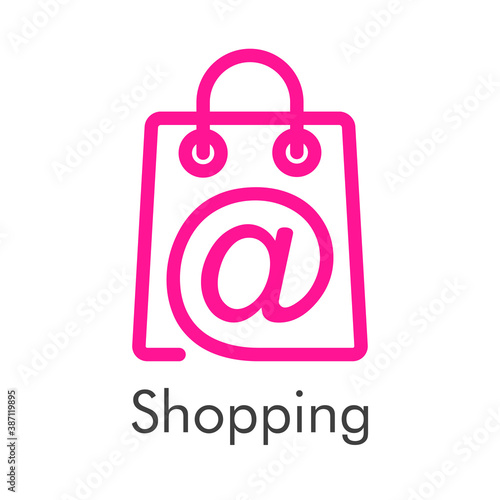 Símbolo de tienda en línea. Logotipo lineal con texto Shopping con símbolo arroba en bolsa de la compra color rosa