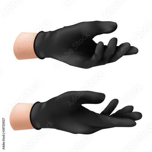Human hand in a black nitrile protective glove. Vector illustration of a rubber product to protect the skin from various viruses, microbes and bacteria isolated on white background