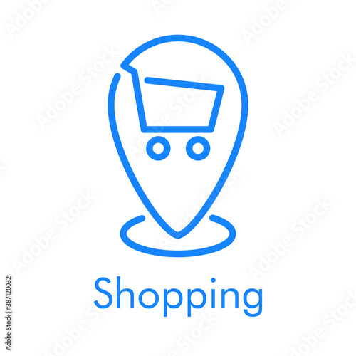 Símbolo de tienda en línea. Logotipo lineal con texto Shopping con carrito de la compra en puntero color azul