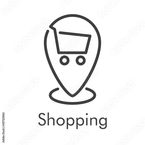 Símbolo de tienda en línea. Logotipo lineal con texto Shopping con carrito de la compra en puntero color gris