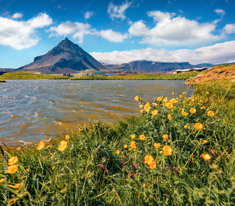 Captivating summer view of small fishing village at the foot of Mt. Stapafell - Arnarstapi or Stapi. Stunning morning scene of Icelandic countryside. Traveling concept background.