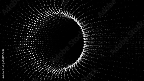 Futuristic black funnel. Particles space travel tunnel. Abstract wormhole with surface warp. Vector illustration.