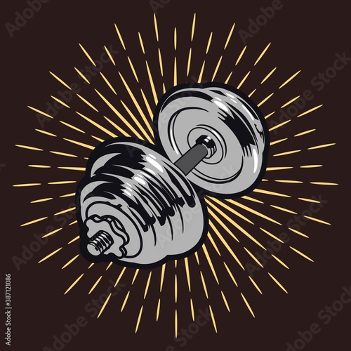 Steel dumbbell on a background of rays.  A dumbbell to train your arms.  A pad or board for a fitness bast.  Sports atmosphere