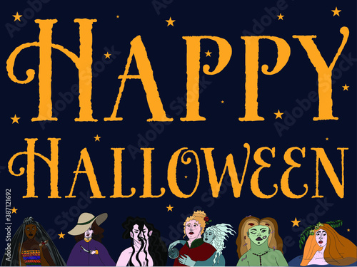 The illustration shows evil spirits-killer,mermaid,witch,voodoo,zombie,vampire. You can use it as a greeting card or invitation.