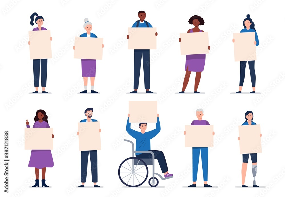 A set of diverse, multiethnic people holding blank banners. Full-length characters showing blank posters. Vector illustration in flat style.