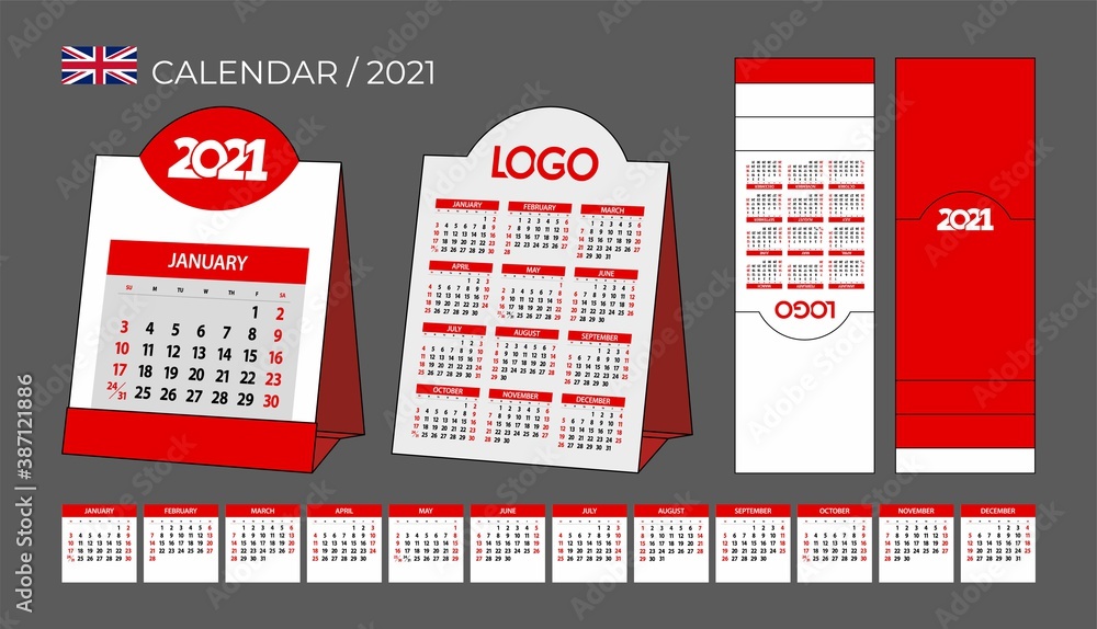 Red table calendar 2021. For laser cutting, die cut. An unusual