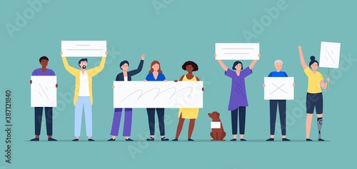 People holding protest banners. Diverse political active people taking part in a rally, protest. Strikes, protest around the world. Vector flat illustration. 