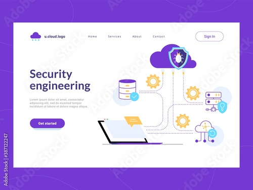Security engeneering landing page first screen. Build effective protecting scheme for corporate data and network against vulnerabilities. Risk reduce and cyber attacks defense of data