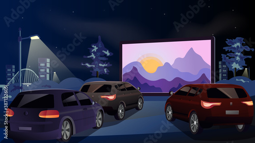 Open air cinema for street car. Cars watch a movie in an open parking lot at night. On the screen the sunrise from behind the mountains. Urban entertainment and film festival. Vector. Illustration