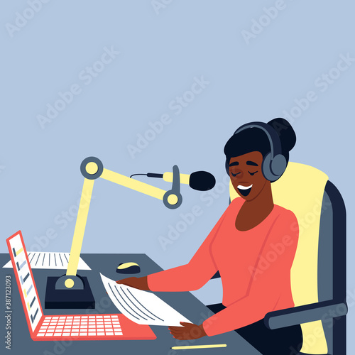 A African American female radio host is broadcasting in the studio. International Radio Day. Podcast is a modern format for presenting information. Flat vector illustration with place for text.