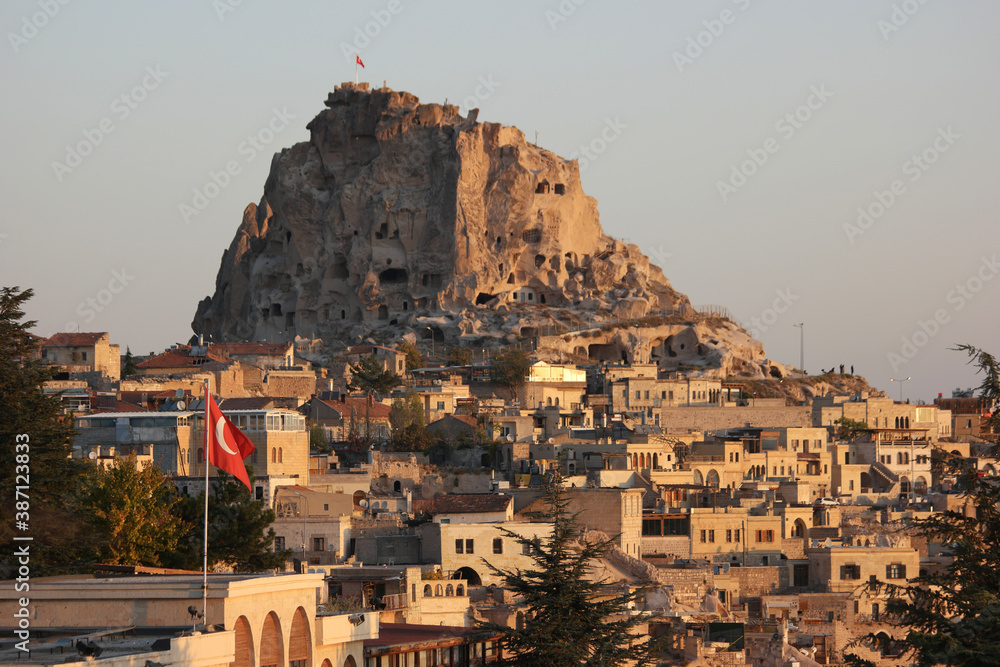 Uchisar rock castle at Cappadocia, Turkey. An ancient architecture of Goreme town.