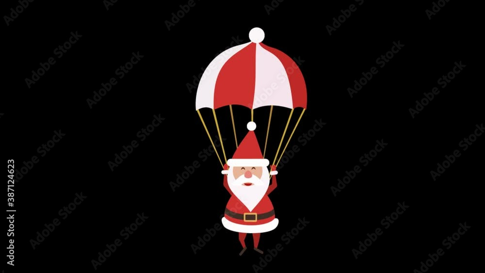 Loop of Santa Claus descending by parachute with alpha channel (flat design) Loop of Santa Claus descending by parachute with alpha channel (flat design)