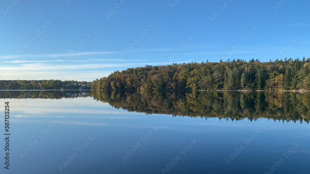 Fototapeta premium Autumn nature landscape, lake, trees, colorful, foliage, Reflections in calm water. Photography taken in October in Sweden. Blue sky background, copy space and place for text.
