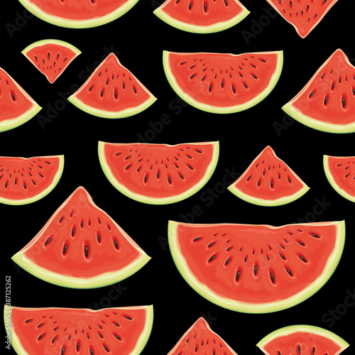 Fruit seamless pattern with red juicy watermelon slices. Vector background with the sweet ripe watermelon quarters, suitable for wallpaper, wrapping paper, textile, fabric, summer design