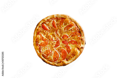 Pizza with ham and tomato isolated on white background, top view.