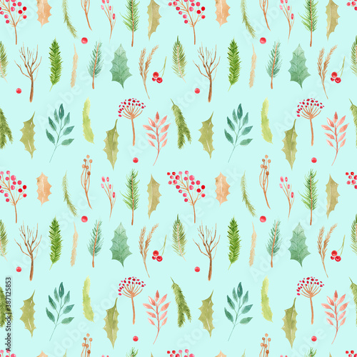 Seamless pattern Christmas boho elements. Watercolor winter floral set Holiday branches, leaves, cones, berries, coniferous branches, leaves on a blue background. Xmas background photo