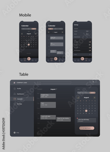 Generic and fictional application interface for calendar with meetings schedule for tablet or wev and mobile screens, dark mode photo