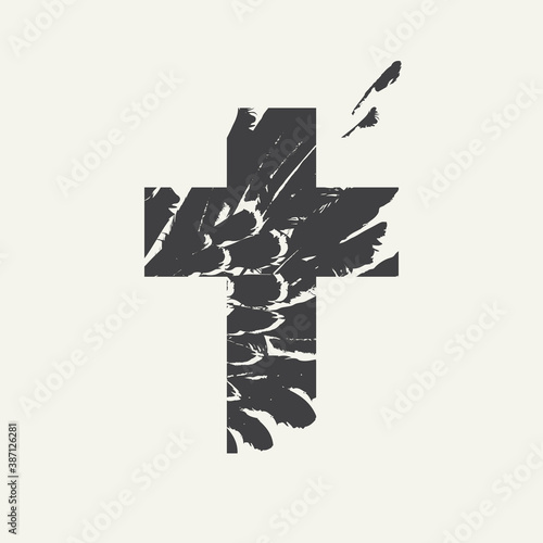 Sign of the Christian cross with black feathers inside on a light background. Creative vector illustration, religious symbol, icon, logo, emblem, t-shirt design, print, tattoo, design element.