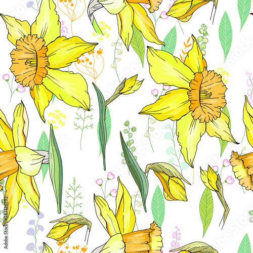 Seamless floral decorative pattern with yellow daffodils. Endless texture for your design, fabrics, decor.