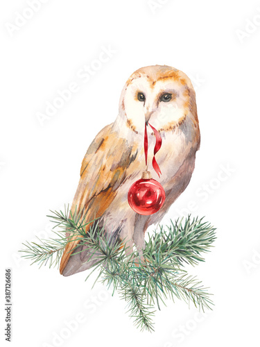 Watercolor Christmas tree wreath with owl. Hand painted polar bird with christmas toy isolated on white background. Merry Christmas card