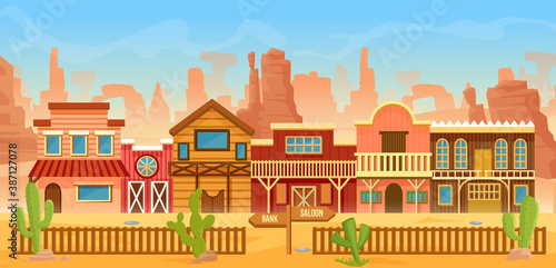 Western American town in desert landscape vector illustration. Cartoon flat scenery in wild west of America, old houses with home, bar saloon or bank for cowboys, cactuses on mountain rocks background
