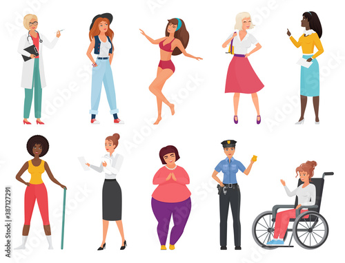 Different woman vector illustration set. Cartoon flat international female characters collection with professional lady wearing uniform, girls worker staff of various professions in work or vacation
