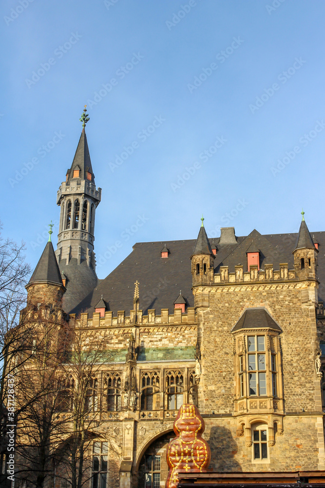 Fototapeta premium Aachen / Germany - December 28, 2019: The Aachener Rathaus, the Town Hall of Aachen, built in the Gothic style. Germany, North Rhine-Westphalia.