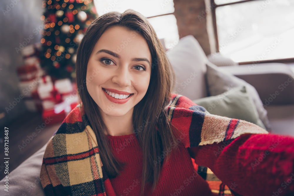 Photo of charming lady sit sofa make selfie shiny white smile wear blanket red sweater in decorated x-mas living room indoors - obrazy, fototapety, plakaty 