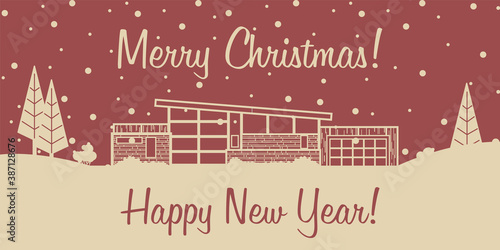 Merry Christmas and Happy New Year Greeting Card Mid Century Modern Postcard Style Illustration, House and Snow 