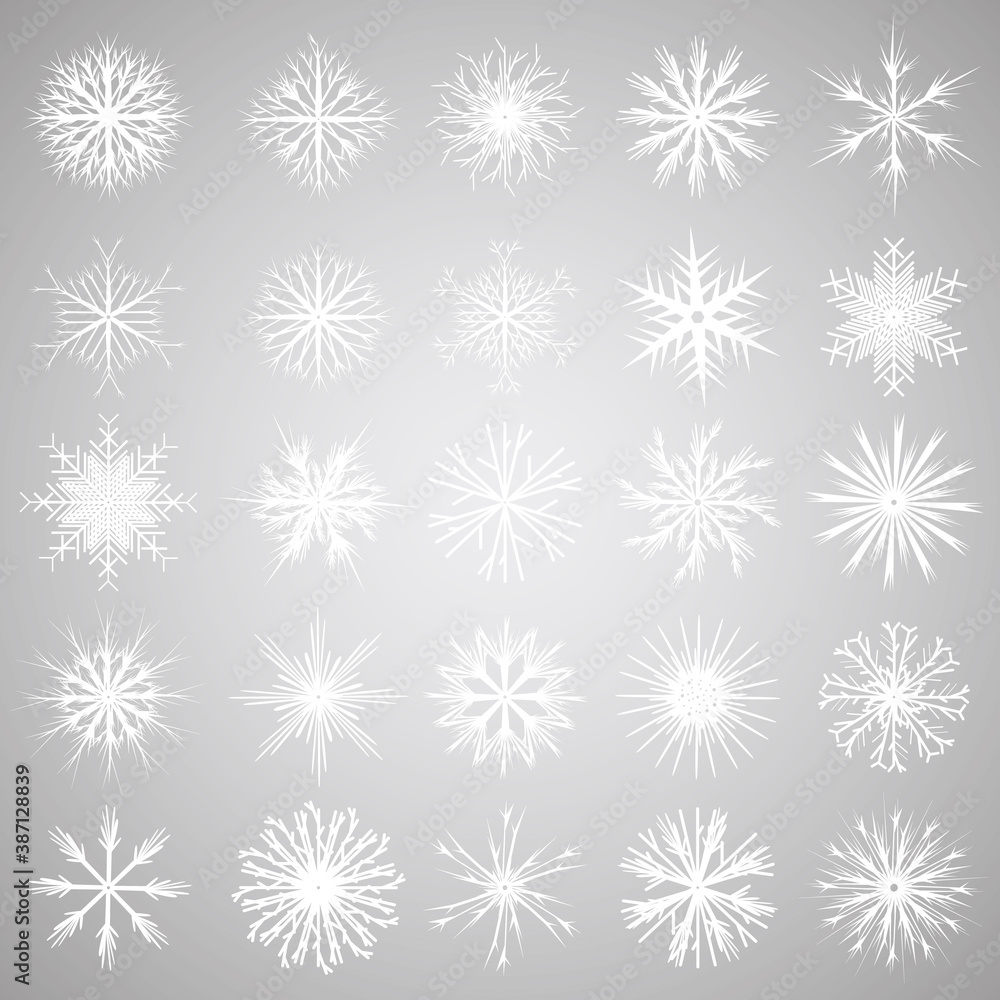 vector, isolated, white snowflake on gray background, set vector, isolated, white snowflake on gray background, set
