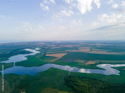 aerial view of the lake and agriculture fields