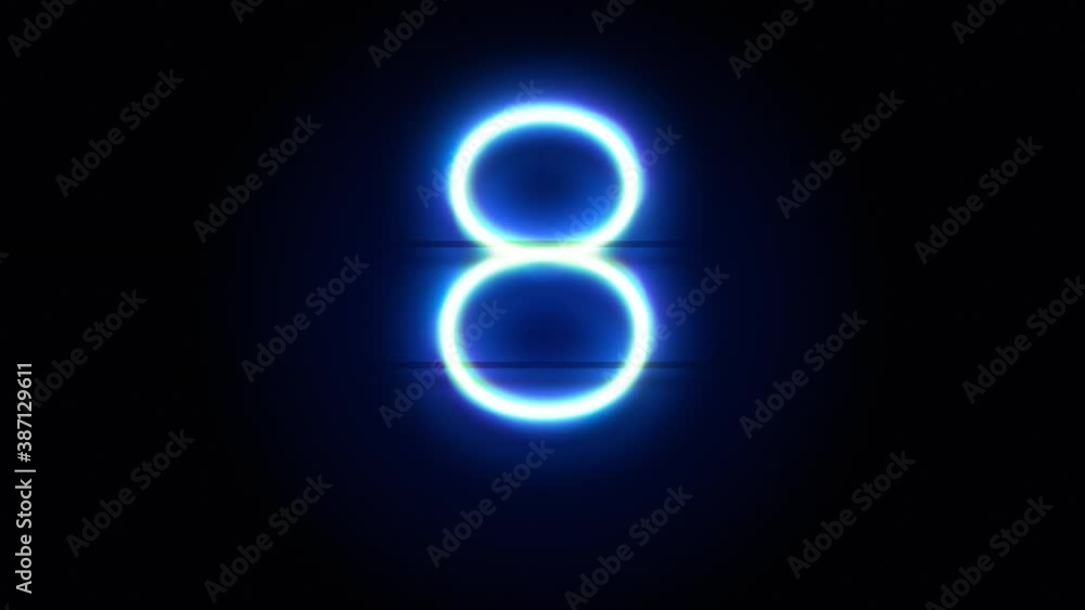 Neon number 8 appear in center and disappear after some time. Animated blue neon alphabet symbol on black background. Looped animation. Neon number 8 appear in center and disappear after some time. Animated blue neon alphabet symbol on black background. Looped animation.