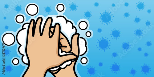 Hand washing and disinfection against viruses on a blue background.