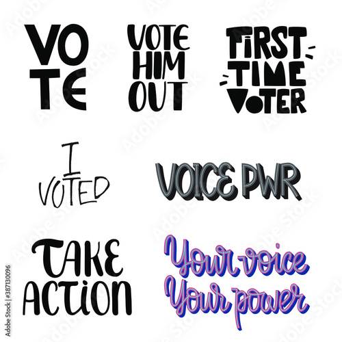 Set of election quotes. Vote stickers. Designs for pins, badges, banner, poster, card. 