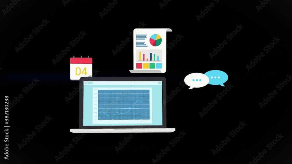 3D 4K animation showing graphs and charts across a screen showing data ...