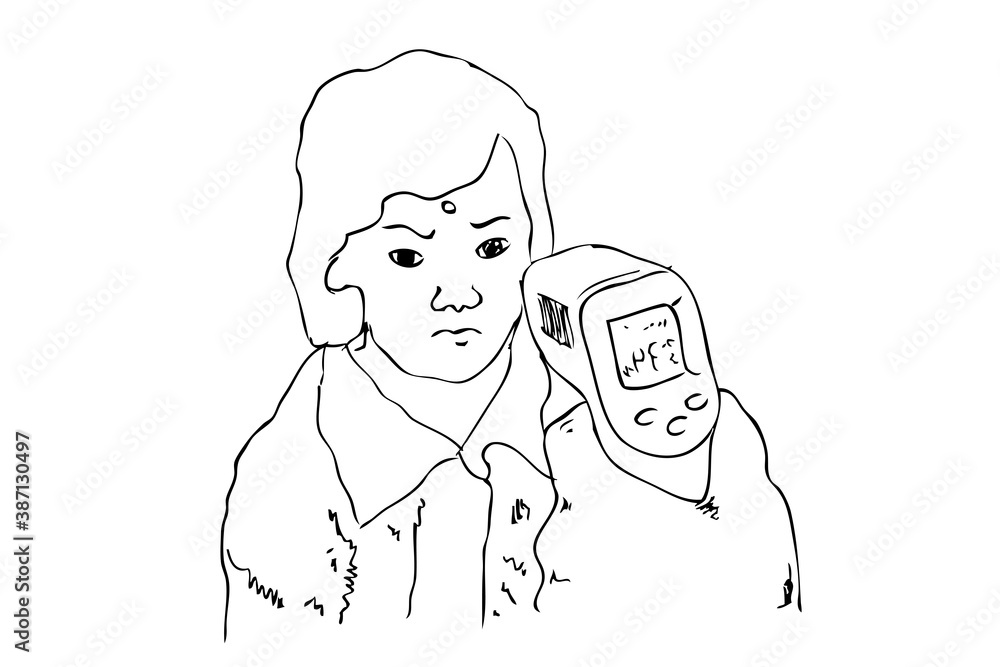 Obraz premium Simple Vector Hand Draw Sketch, Woman, Body Temperature, health protocols during a pandemic Covid-19