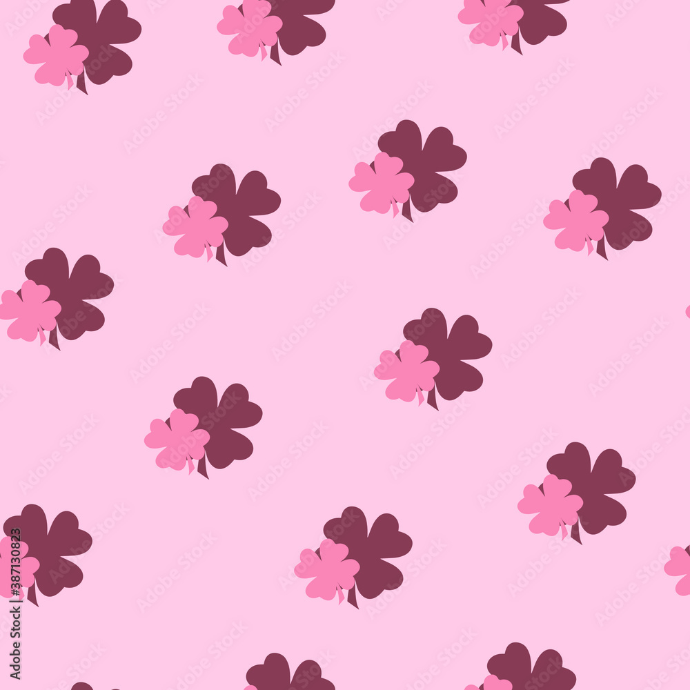   Clover leaves. Pink and burgundy. Four-leaf. Seamless pattern on a light pink background