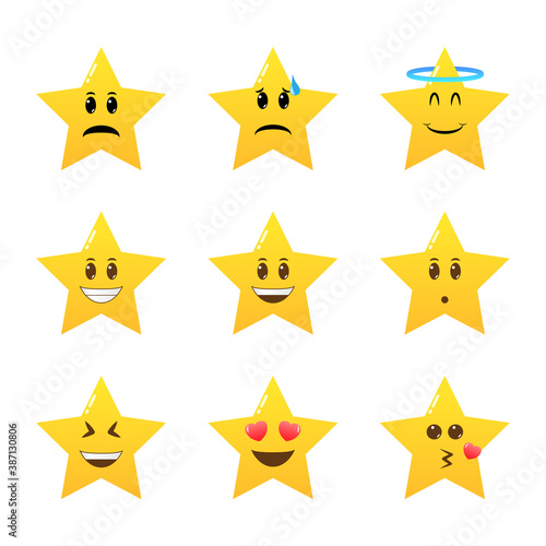 Cute yellow star, five point, character set. Funny social communication and mood message vector elements.