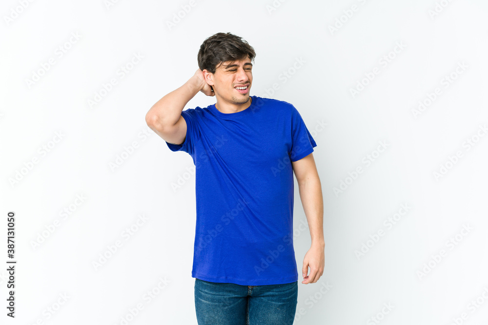Young cool man tired and very sleepy keeping hand on head. Young cool man tired and very sleepy keeping hand on head.