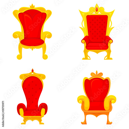 Set of royal thrones in cartoon style. Red and gold king chairs.